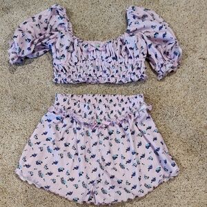 For Love And Lemons Floral Puff Sleeve Crop Top and Shorts Set S